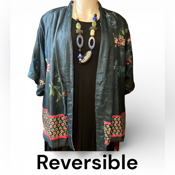Johnny Was Reversible Embroidered Floral Kimono-Style Jacket With Tie 100% Silk, - Picture 9 of 16